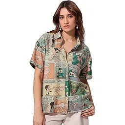 the souled store Pink Panther: Comics Women and Girls Short Sleeves Collared Neck Button Front Multicolour All Over Printed Viscose Blend Regular Fit Holiday Shirts-picture-10