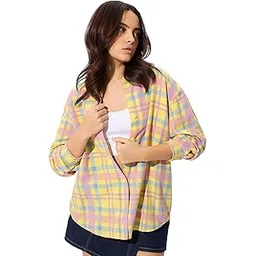the souled store Plaid Shirt: Citron Women and Girls Long Sleeves Collared Neck Button Front Cotton Boyfriend Shirts-picture-18
