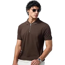 the souled store Popcorn: Dark Mocha Men and Boys Short Sleeves Collared Neck Solid Cotton Blend Regular Fit Zipper Polos-picture-33