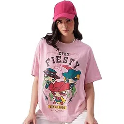 the souled store Powerpuff Girls: Stay Fiesty Womens Oversized Fit Graphic Printed Half Sleeve Cotton Pink Women Oversized T-Shirts-picture-21