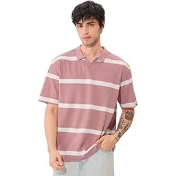 the souled store Quartz Men and Boys Short Sleeves Collared Neck Pink and White Striped Oversized Textured Polos-picture-28