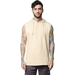 the souled store Solids: Off White Mens and Boys Sleevesless Sleeve Cotton Off White Color Hooded Vests-picture-20