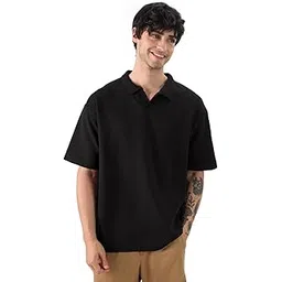 the souled store Solids: Regal Black Men and Boys Short Sleeves Collared Neck Cotton Blend Oversized Polos-picture-31