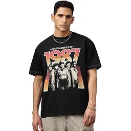 the souled store Stranger Things: The Troupe Men and Boys Short Sleeves Round Neck Black Graphic Printed Casual Lightweight Drop Shoulder Streetwear Cotton Oversized T-Shirt-picture-12