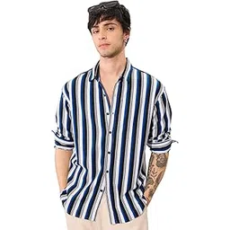 the souled store Stripes: Blue, White Men and Boys Long Sleeves Collared Neck Button Front Regular Fit Cotton Blend Textured Shirts-picture-25