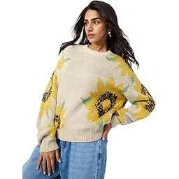 the souled store Sunflower Women and Girls Full Sleeves Round Neck Light Yellow Floral Printed Acrylic Drop Shoulder Streetwear Trendy Casual Cozy Winter Oversized Pullover Sweater-picture-17