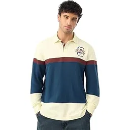 the souled store Superheroes Men and Boys Long Sleeve Collared Neck Light Yellow and Navy Blue Colour-Block Embroidered Cotton Oversized Rugby Polos-picture-53
