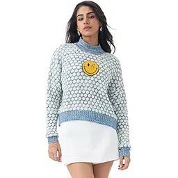 the souled store S.W.Smiley: Faces Women and Girls Full Sleeves Mock Neck Light Blue Graphic Acrylic Oversized Fit Sweater-picture-26