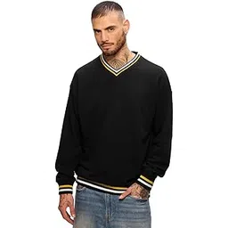 the souled store Tawny Men and Boys Long Sleeves V Neck Black Solid Cotton Blend Oversized Sweatshirts-picture-10