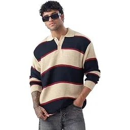 the souled store Textured Stripes: Retro Rugby Collared Neck Multicolored Striped Acrylic Oversized Pullovers-picture-32