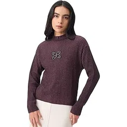 the souled store Textured Sweater: Amethyst Women and Girls Full Sleeves Mock Neck Ribbed Knit Acrylic Lightweight Casual Winter Pullover Oversized Sweater-picture-41