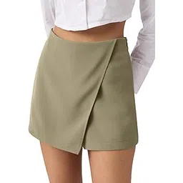 the souled store Twill Skorts: Women Flat Front Waistband Hunter Green Solid Polyester Twill Regular Fit High Rise Wrap Front Everyday Skorts-picture-14
