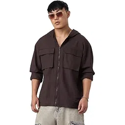 the souled store Utility Hoodie: Cocoa Men and Boys Full Sleeves Hooded Neck Cocoa Brown Solid Cotton Linen Oversized Fit Breathable Fabric Zipper Hoodie-picture-31