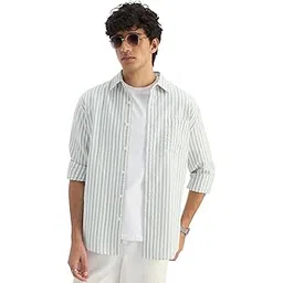 the souled store Veridian Men and Boys Long Sleeve Spread Collar White and Light Green Striped Cotton Regular Shirt-picture-35