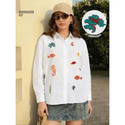 The Souled Store White Cotton Linen Sea-Life Women Boyfriend Shirt-picture-29