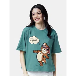 The Souled Store Women Green Printed Drop-Shoulder Sleeves Applique Oversized T-shirt-picture-14