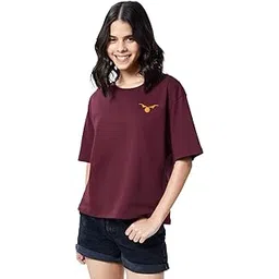 the souled store Women Official Harry Potter: Beautiful Burgundy Printed Oversized T-Shirts Oversized T Shirts for Women Baggy Boyfriend Tshirt Off-Shoulder Loose Fit Relaxed Drop Shoulder Half-picture-42