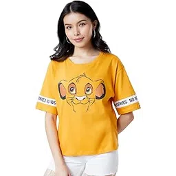 the souled store Women Official The Lion King: Super Simba Mustard Yellow Oversized T-Shirts Oversized T Shirts for Women Baggy Boyfriend Tshirt Off-Shoulder Loose Fit Relaxed Drop-picture-10