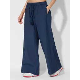 The Souled Store Women Rich Navy Cotton Linen Flared Trousers-picture-37