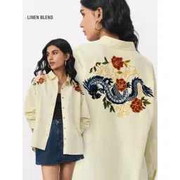 The Souled Store Yellow Cotton Linen Shirt Dragon Women Boyfriend Shirts-picture-30