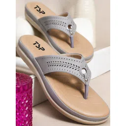 THE STHAPAK BLESS YOUR FEET Women Grey T-Strap Synthetic Leather Flats With Laser Cuts-picture-15