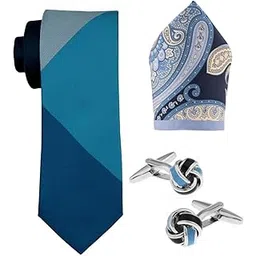 the tie hub Solid Blue 100% Silk Necktie with Pocket Square and Cufflink Gift Set For Men-picture-11