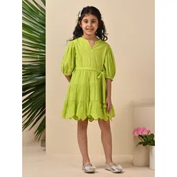 The Tribe Kids Girls Schiffli Knee Length Fit & Flare Puff Sleeve Pure Cotton Casual Dress-picture-23
