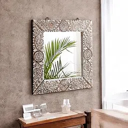 THE URBAN STORE Decorative & Hand Crafted Distressed White Finished Wooden Wall Mirror for Living Room, Bedroom, Hallway, Office (18x18-inch)-image-20
