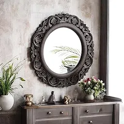 THE URBAN STORE Decorative Hand Crafted Wooden Round Shape Vanity Wall Mirror for Living Room, Bathroom, Bedroom (16" x 16” Inches)-image-5