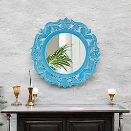 THE URBAN STORE Wall Mirror Wooden Distressed Blue Color 11"x11" Pack of One French Style Elegantly Hand Crafted Floral Carving Mirror for Home and Office Decor TUSMR48-image-23