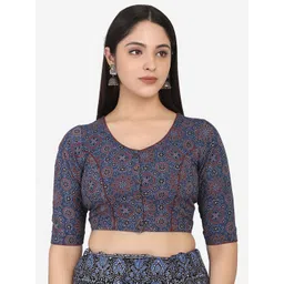 THE WEAVE TRAVELLER Blue & Red Ajrakh Block Printed Cotton Ready To Wear Saree Blouse-picture-33