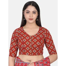 THE WEAVE TRAVELLER Orange & White Hand Block Printed Cotton Ready To Wear Saree Blouse-picture-38