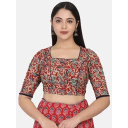 THE WEAVE TRAVELLER Women Red Hand Blocked Kalamkari Cotton Ready To Wear Blouse-picture-35