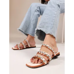 The White Pole Trendy Triple Band Ring Embellished Brown Flats for Women-picture-18