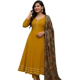 the xoxo Women's Elegant Ethnic Long Anarkali Dress with Printed Dupatta - Full Sleeves | Button Detail | for Party & Festive Dress | Indian Traditional Outfit-picture-46