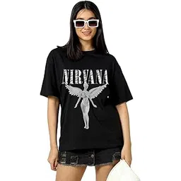 the zoo zoo store Oversized Loose Baggy Fit Drop Shoulder Half Sleeves Cotton Heavy Premium Fabric Nirvana Design T-Shirt for Women-picture-51