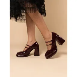 Theater Women Freddie Hot Space Maroon Double-Strap Platform Heels-picture-17