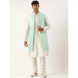 TheEthnic.Co Geometric Embroidered Mirror Work Pure Silk Longline Nehru Jacket-picture-12
