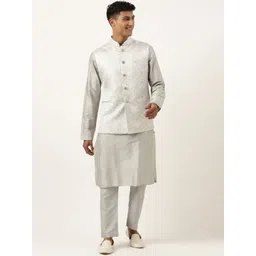 TheEthnic.Co Men Art Silk Regular Kurta with Pyjamas & Jacquard Nehru Jacket-picture-29