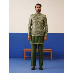 TheEthnic.Co Men Green 2-Piece Self-Design Suits image 1