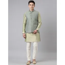 TheEthnic.Co Men Lime Green Regular Pure Cotton Kurta with Pyjamas with Quilted Jacket-picture-26