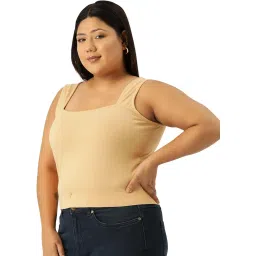 therebelinme Plus Size Women's 6230BC_Beige Solid Color Cotton Knitted Crop Top image 1