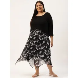 theRebelinme Plus Size Black & White Floral Printed Georgette A-Line Midi Dress-picture-27