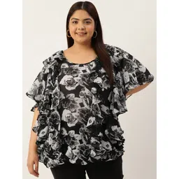 theRebelinme Plus Size Floral Print Flared Sleeves Ruffled Georgette Longline Top-picture-22