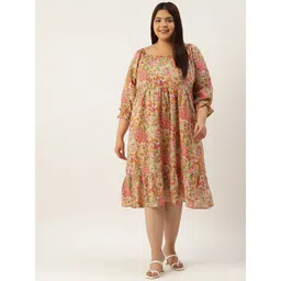 theRebelinme Plus Size Floral Print Puff Sleeves Sweetheart Neck Pure Cotton Midi Dress-picture-23
