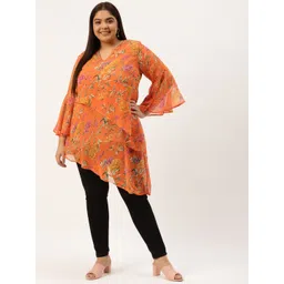 theRebelinme Plus Size Orange & Green Floral Print Georgette Asymmetric Longline Wrap Top-picture-40