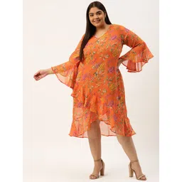 theRebelinme Plus Size Orange & Green Floral Printed Georgette A-Line Midi Dress-picture-38