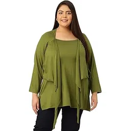 therebelinme Plus Size Women's 5024BC_Green Solid Color Knitted Layered Top-picture-27