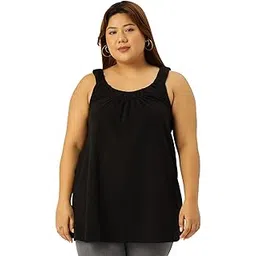 therebelinme Plus Size Women's 5049BC_Black Solid Color Pleated Detail Cotton Top-picture-38