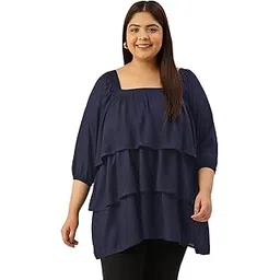 therebelinme Plus Size Women's 6102AC_Navy Blue Soild Color Woven Layered Top-picture-24
